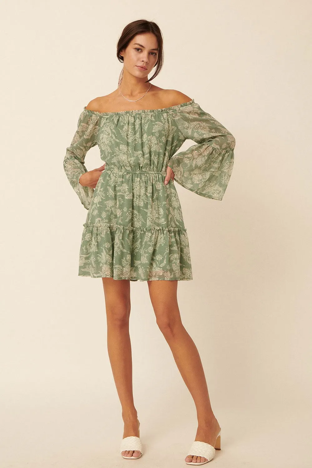 Green Floral Swiss Dot Chiffon Tier Mini Peasant Dress sold by Pinkblush