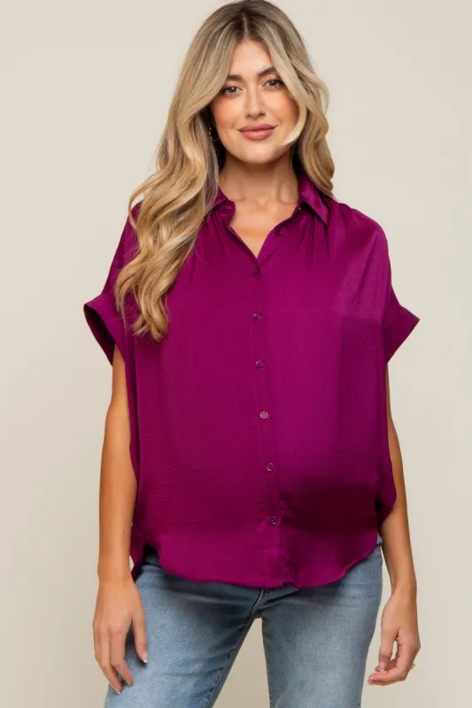 Magenta Satin Button Front Collared Short Sleeve Maternity Top sold by Pinkblush
