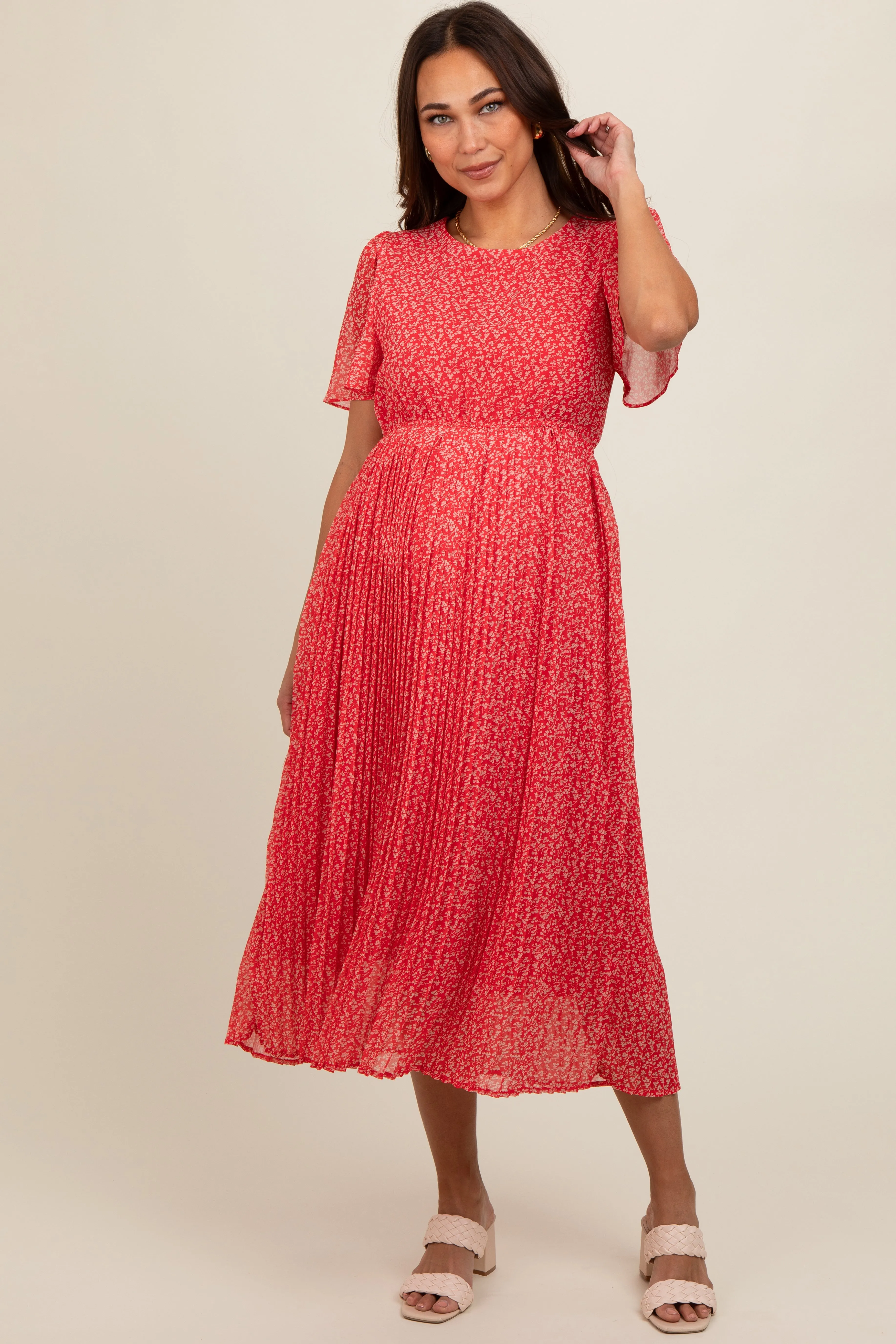 Red Ditsy Floral Pleated Maternity Midi Dress sold by Pinkblush