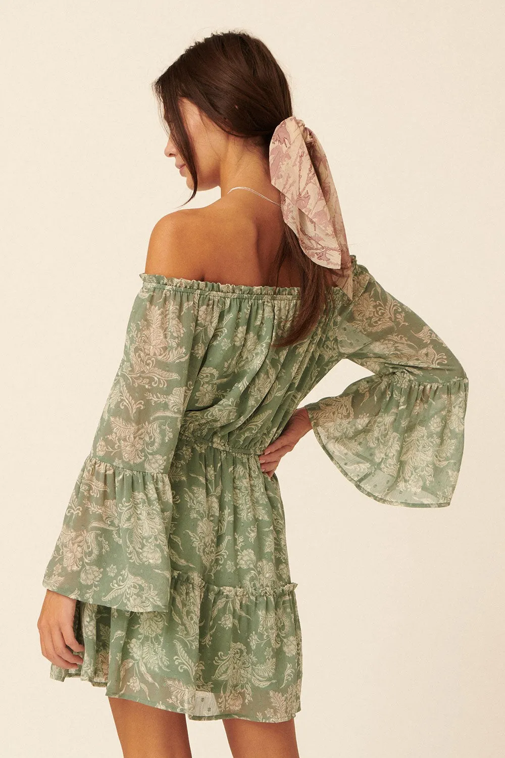 Green Floral Swiss Dot Chiffon Tier Mini Peasant Dress sold by Pinkblush product image thumbnail 4