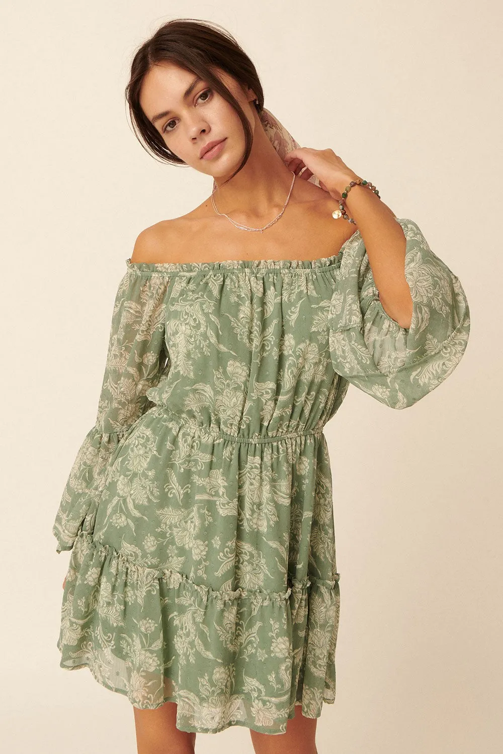 Green Floral Swiss Dot Chiffon Tier Mini Peasant Dress sold by Pinkblush product image thumbnail 2