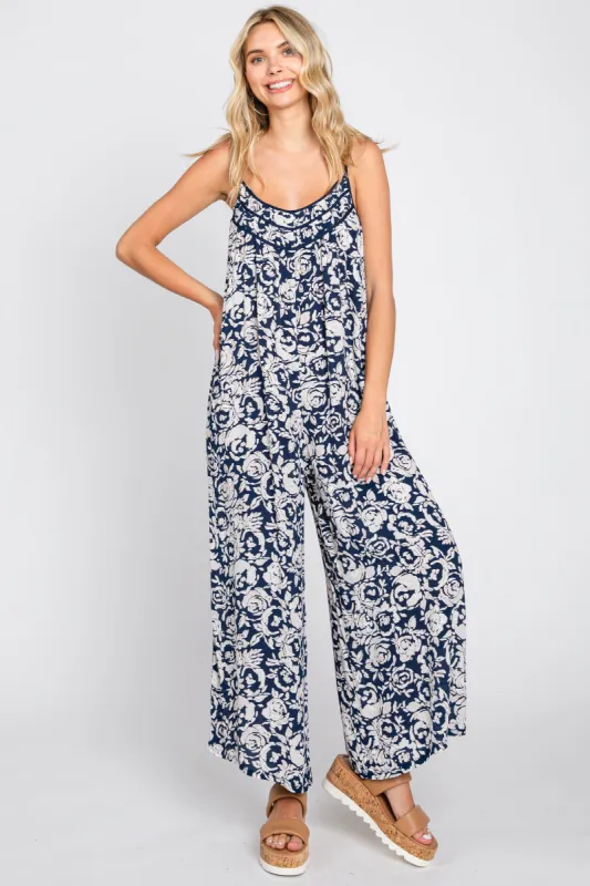 Navy Blue Floral Wide Leg Crop Jumpsuit sold by Pinkblush