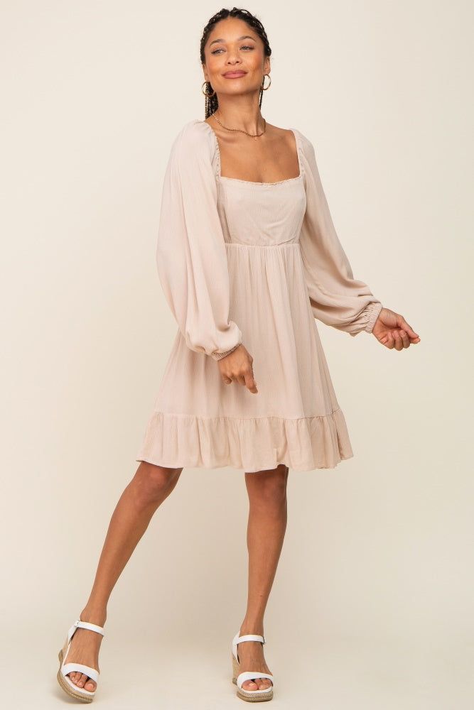 Beige Square Neck Puff Long Sleeve Dress sold by Pinkblush product image thumbnail 4