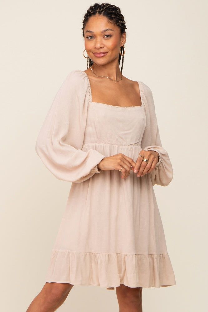 Beige Square Neck Puff Long Sleeve Dress sold by Pinkblush