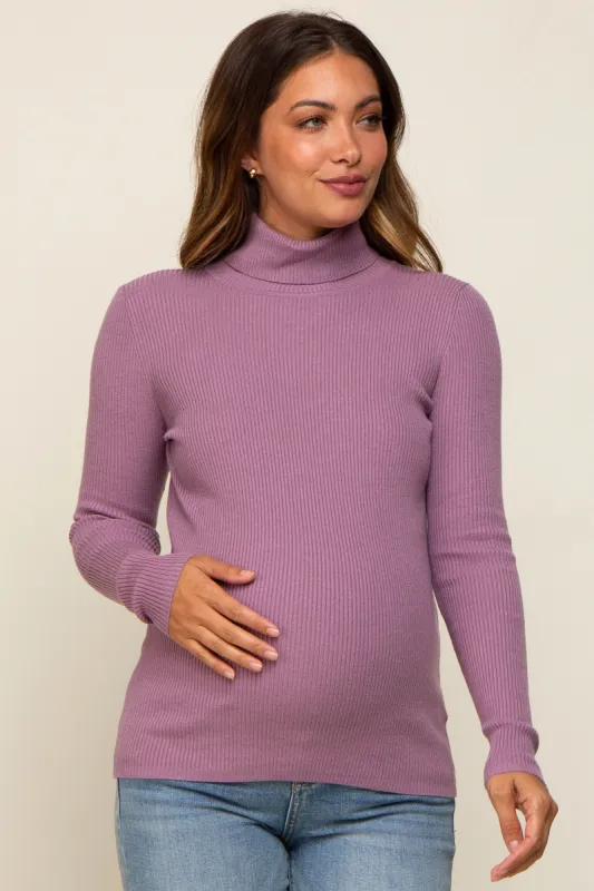Lavender Ribbed Fitted Long Sleeve Mock Neck Maternity Top sold by Pinkblush