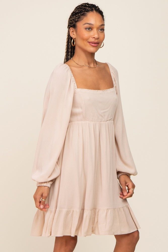 Beige Square Neck Puff Long Sleeve Dress sold by Pinkblush product image thumbnail 2