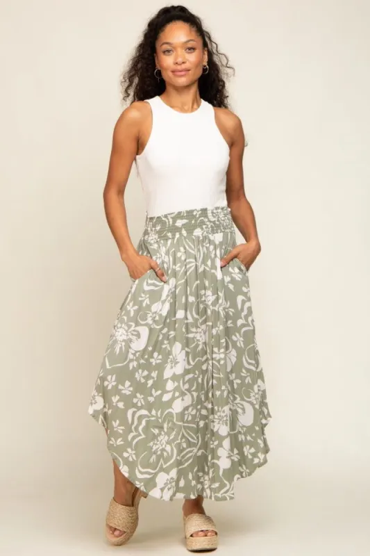 Light Olive Tropical Floral Smocked Waist Round Hem Midi Skirt sold by Pinkblush