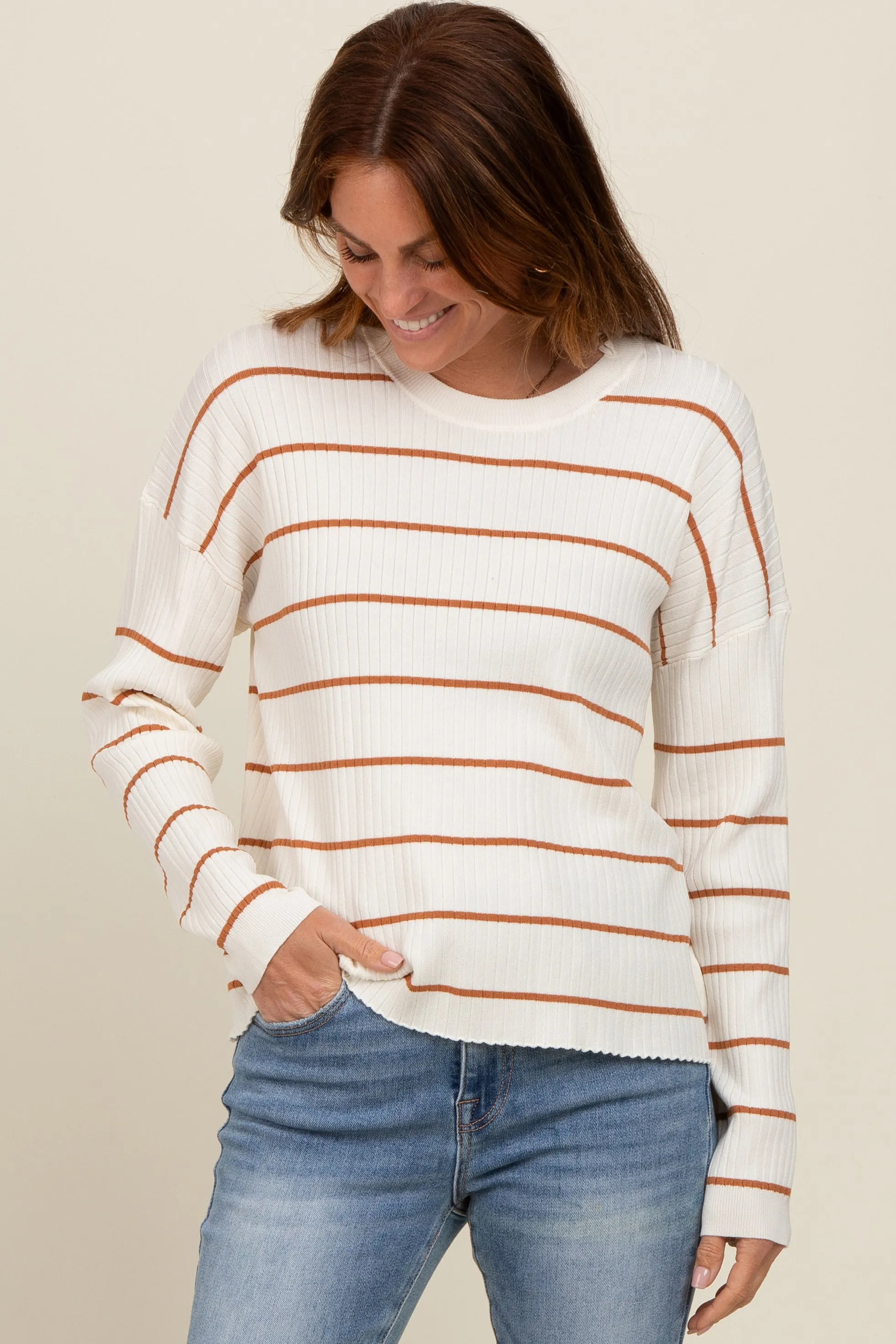 Cream Striped Ribbed Knit Long Sleeve Top sold by Pinkblush product image thumbnail 2