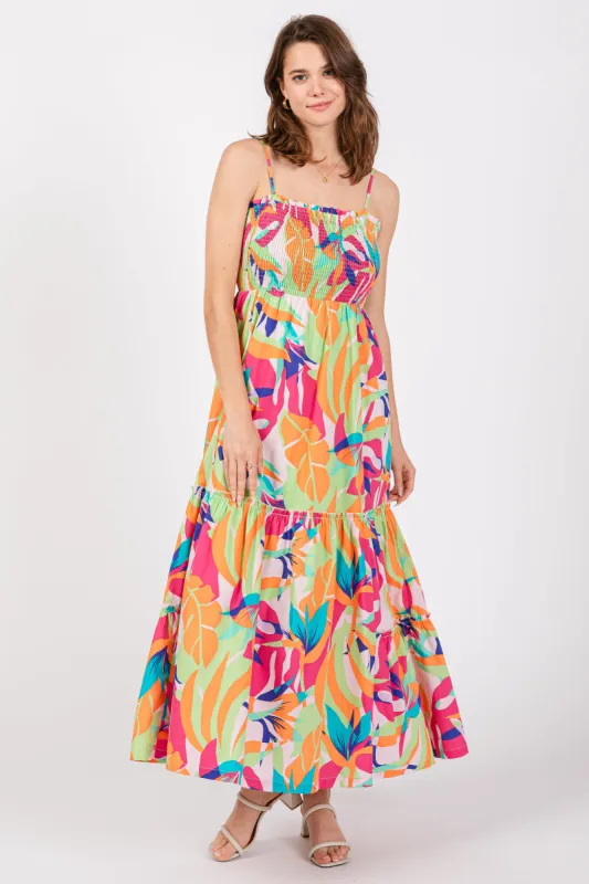 Green Printed Smocked Bodice Tiered Maxi Dress sold by Pinkblush