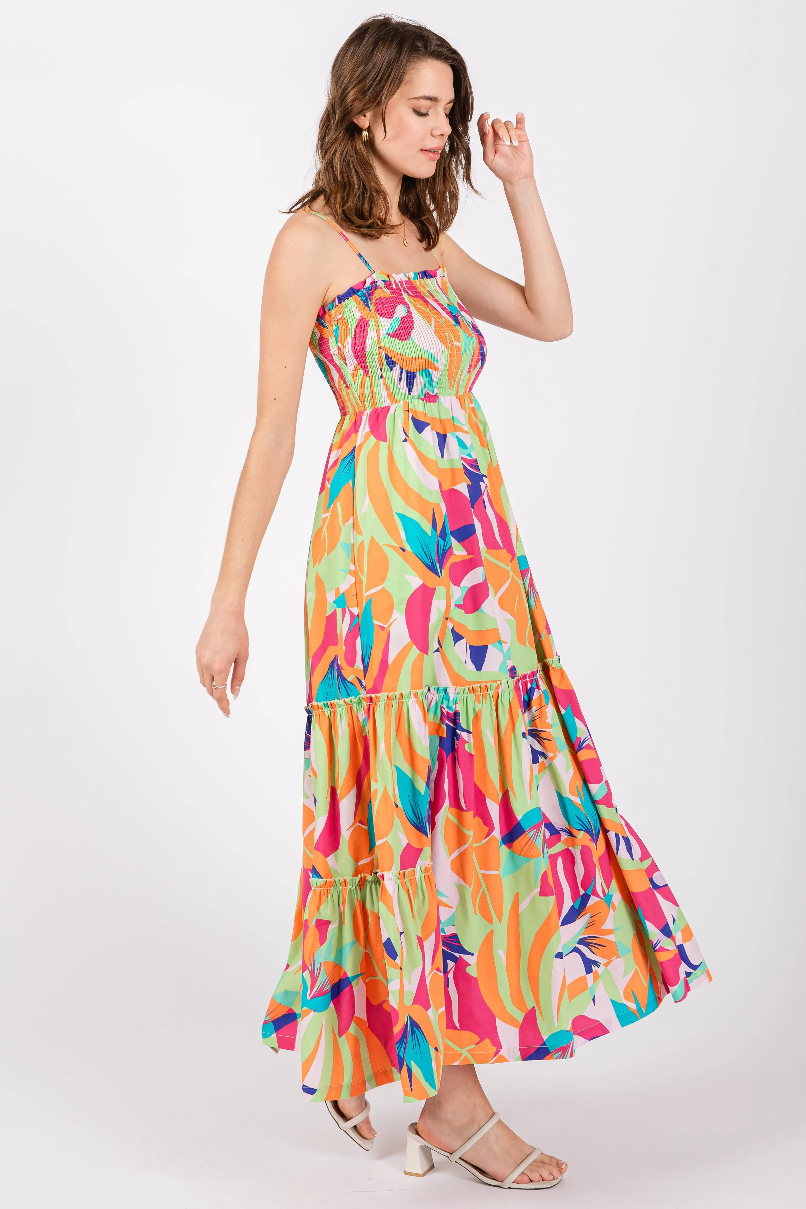 Green Printed Smocked Bodice Tiered Maxi Dress sold by Pinkblush product image thumbnail 2