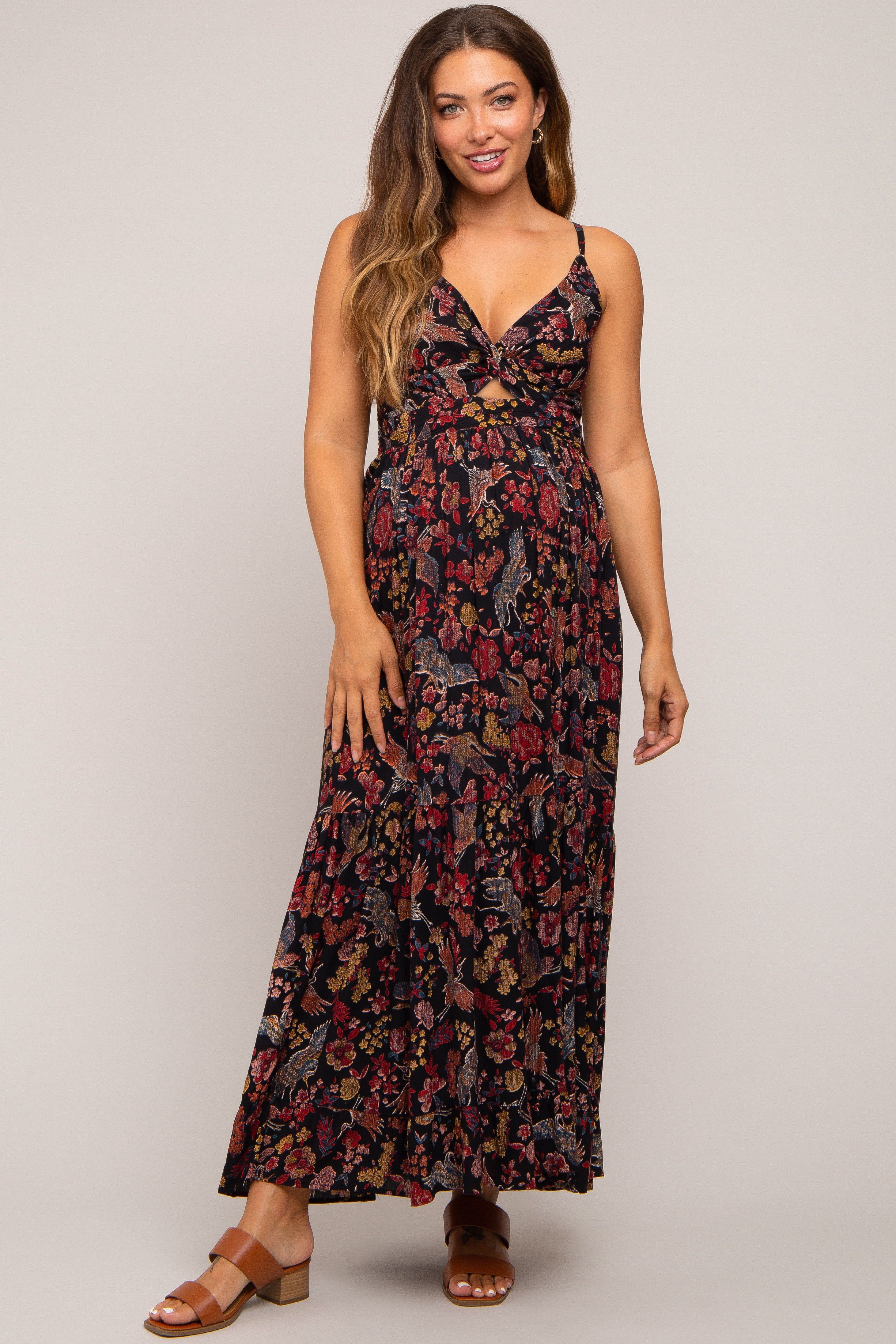 Black Floral Cutout Sleeveless Maternity Maxi Dress sold by Pinkblush
