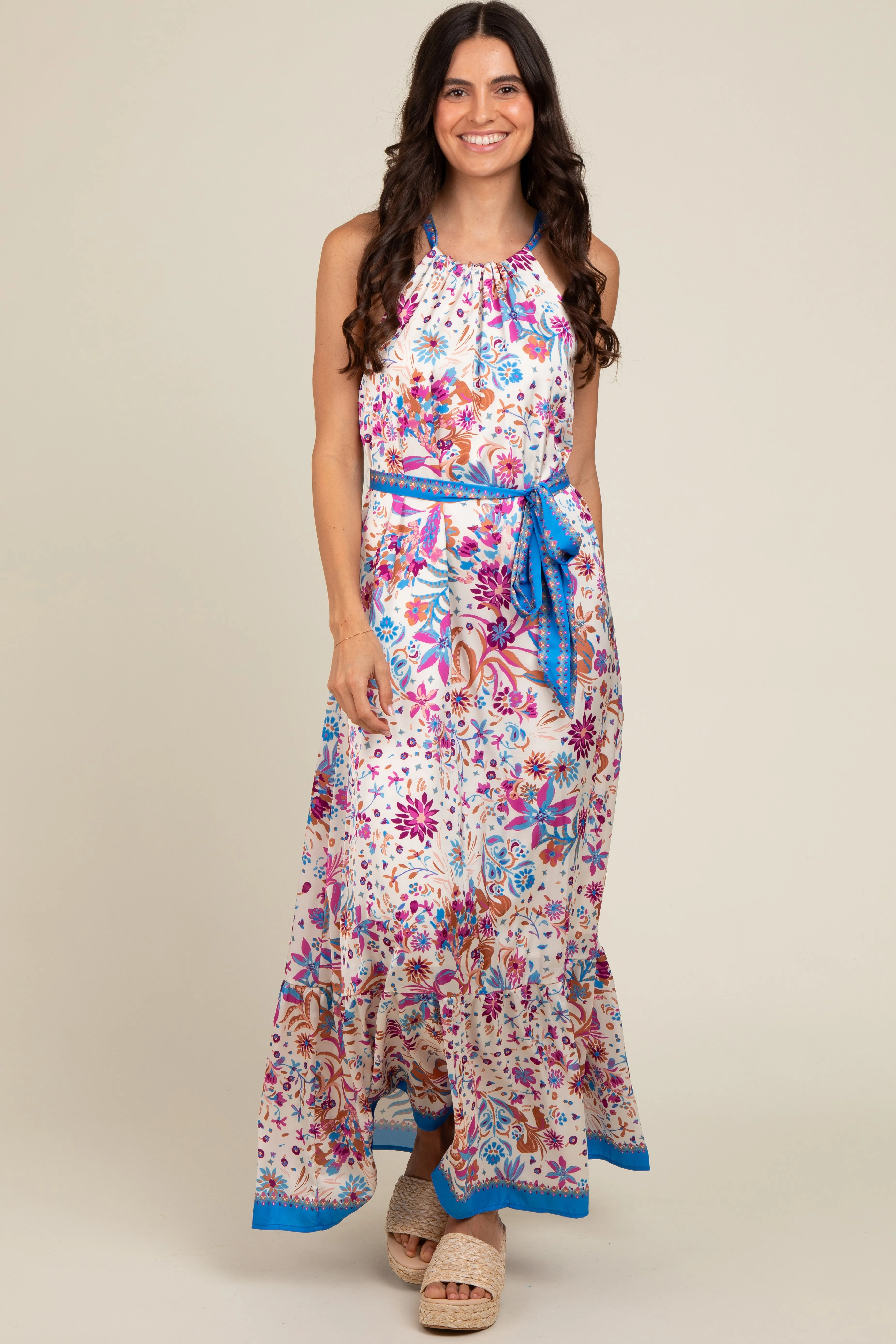 Violet Floral Halter Front Tie Maxi Dress sold by Pinkblush