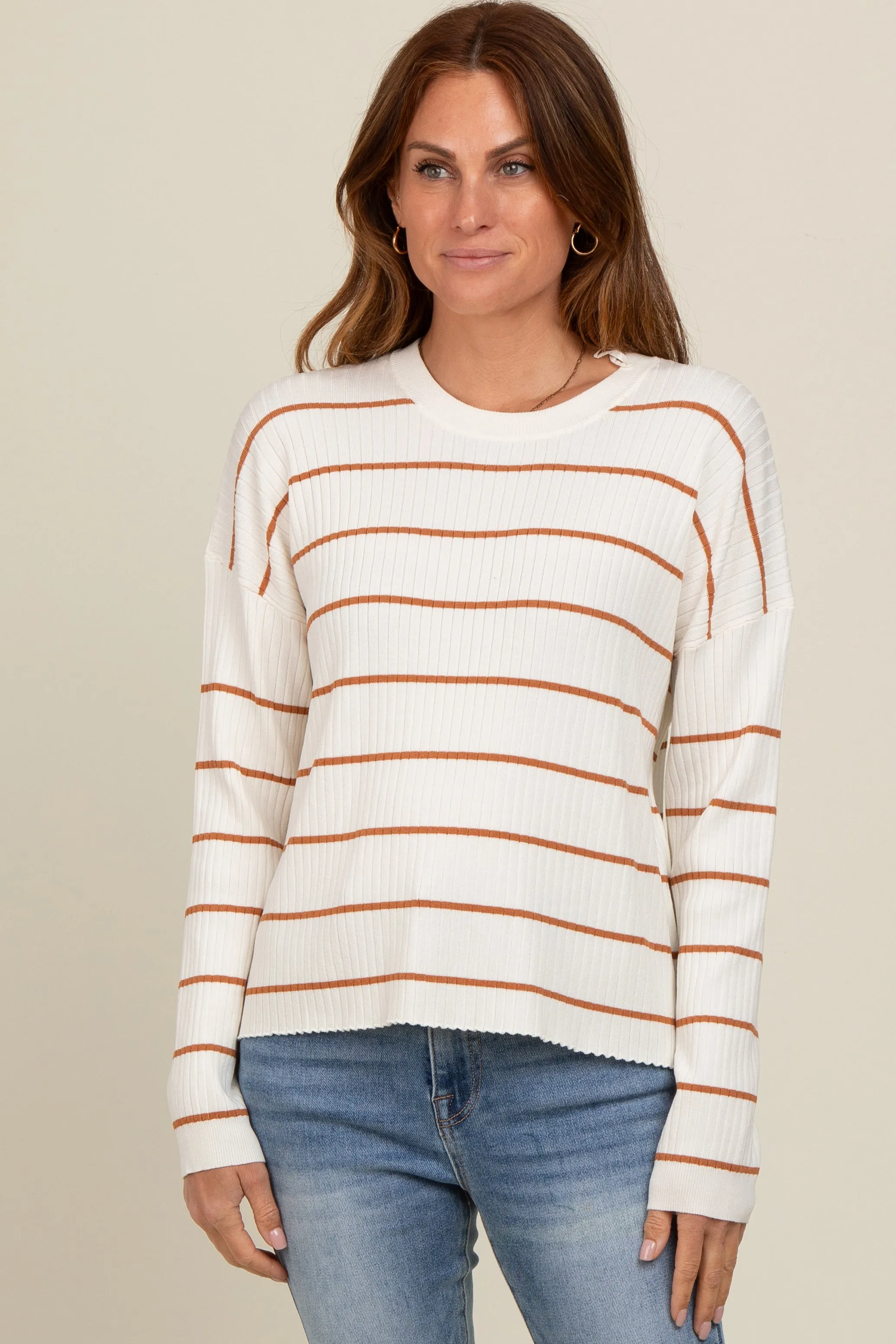 Cream Striped Ribbed Knit Long Sleeve Top sold by Pinkblush