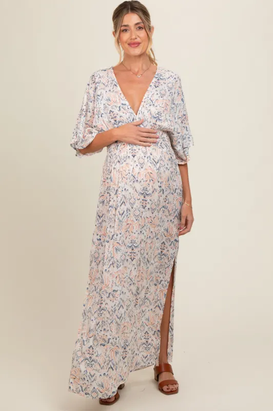 Cream V-Neck Smocked Waist Short Sleeve Maternity Maxi Dress sold by Pinkblush