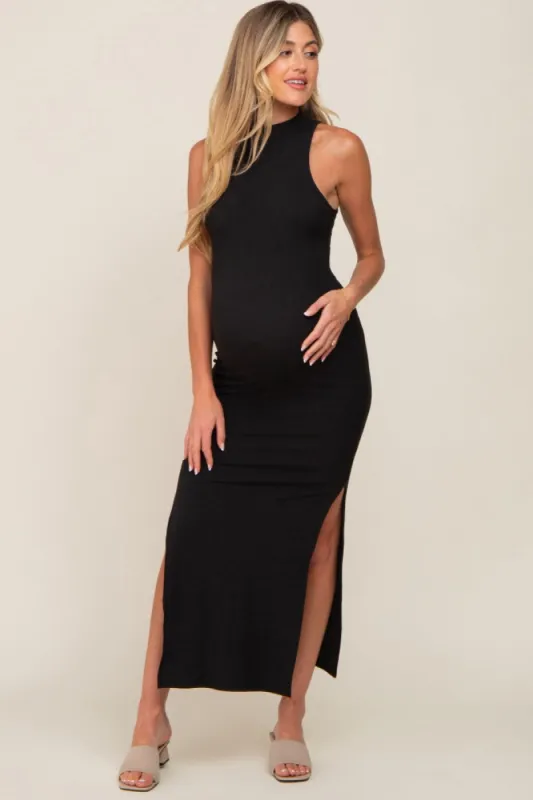 Black Ribbed Side Slit Maternity Maxi Dress sold by Pinkblush