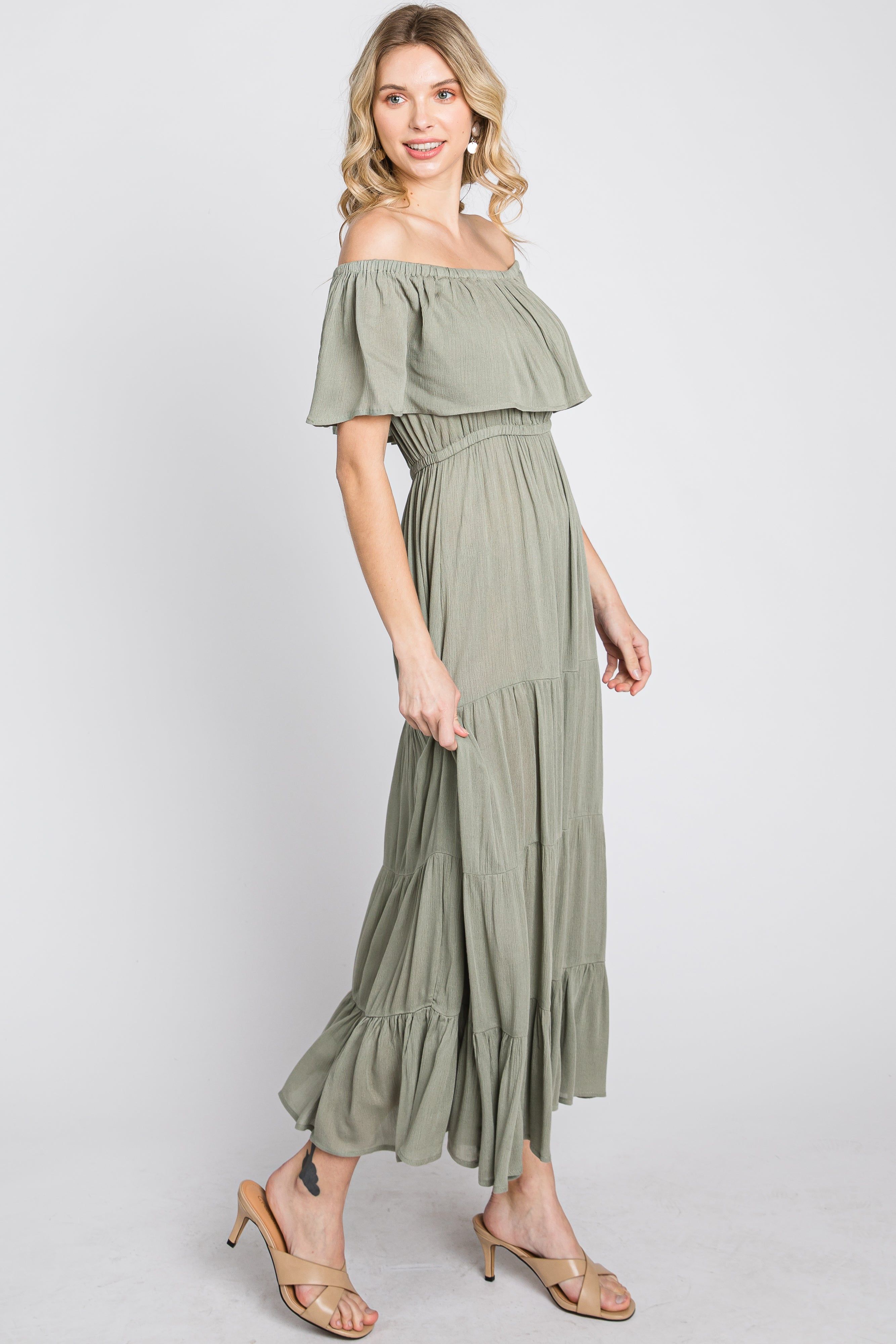 Light Olive Off Shoulder Tired Maxi Dress sold by Pinkblush product image thumbnail 6