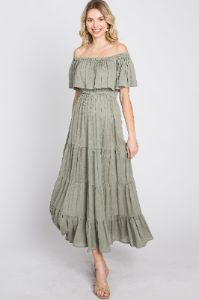Light Olive Off Shoulder Tired Maxi Dress sold by Pinkblush