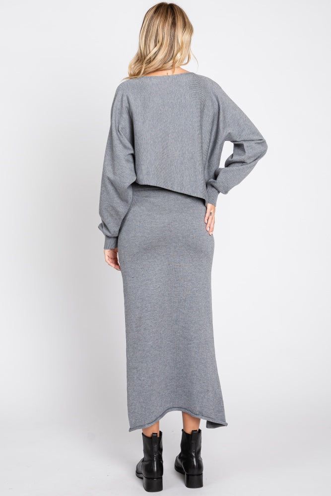 Grey Knit Long Sleeve Crop Top Midi Skirt Set sold by Pinkblush product image thumbnail 3