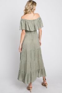 Light Olive Off Shoulder Tired Maxi Dress sold by Pinkblush