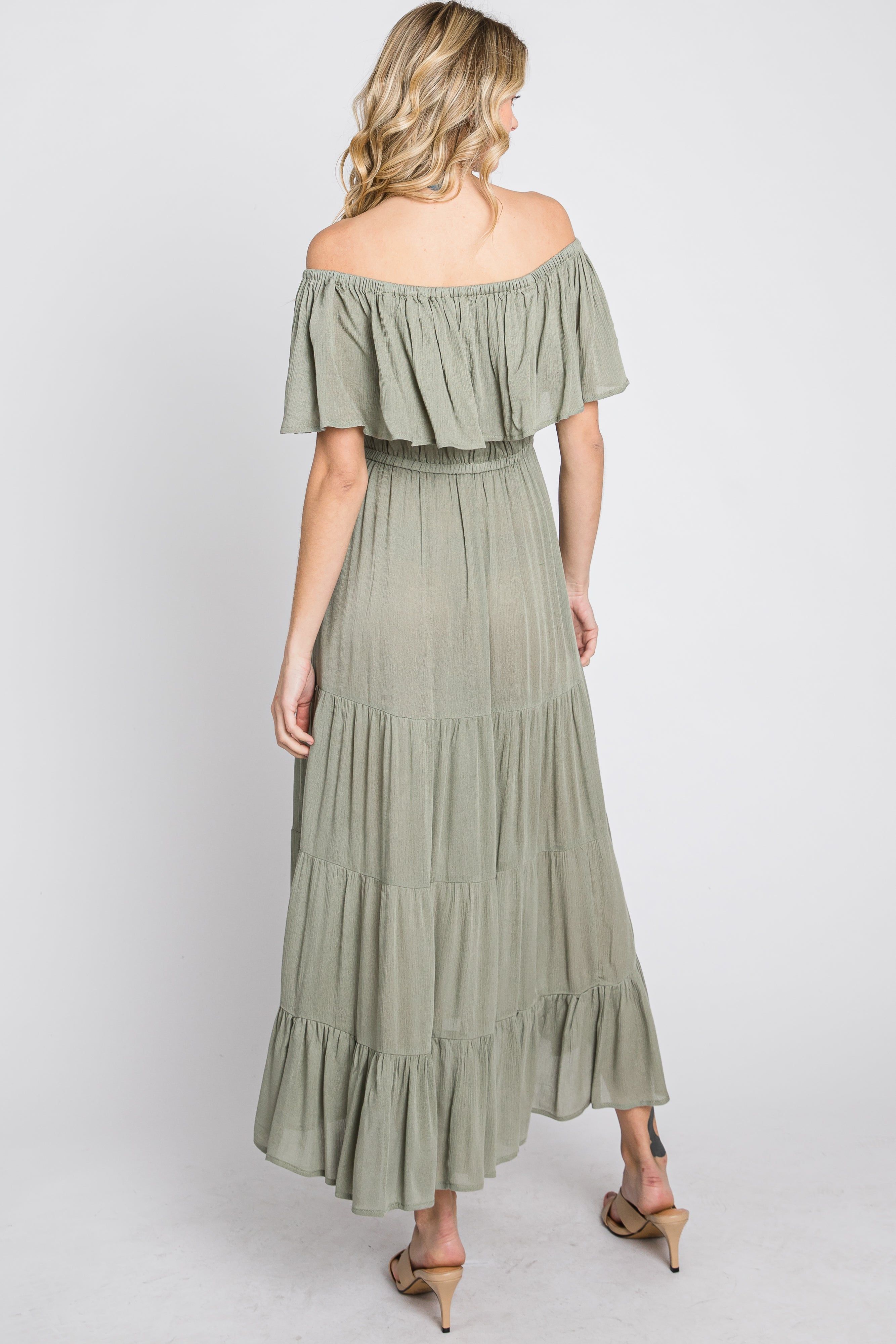 Light Olive Off Shoulder Tired Maxi Dress sold by Pinkblush product image thumbnail 7
