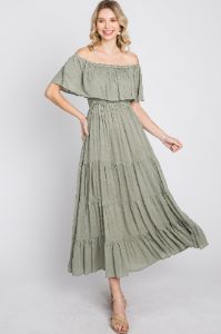Light Olive Off Shoulder Tired Maxi Dress sold by Pinkblush
