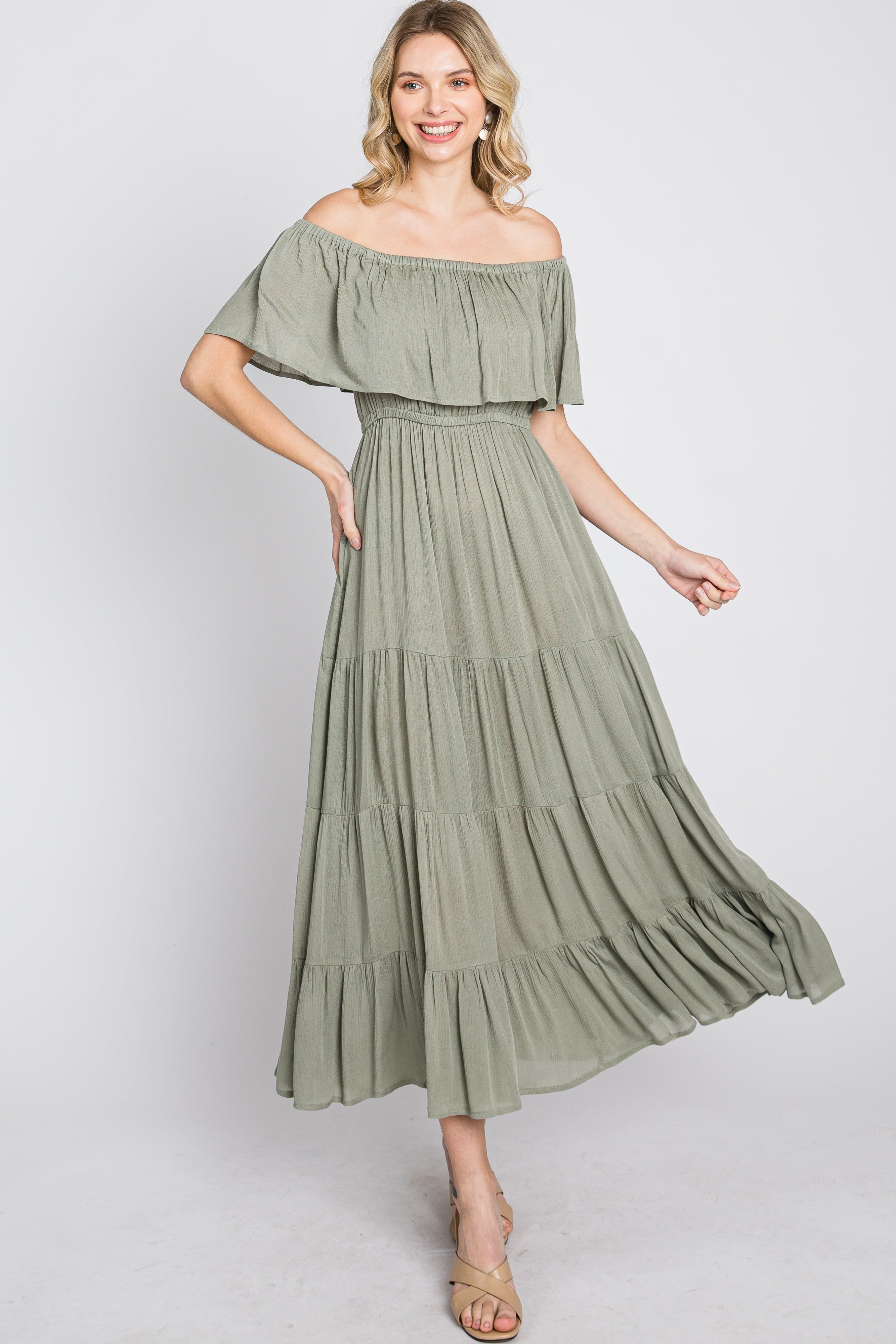 Light Olive Off Shoulder Tired Maxi Dress sold by Pinkblush product image thumbnail 4