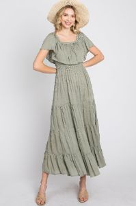 Light Olive Off Shoulder Tired Maxi Dress sold by Pinkblush