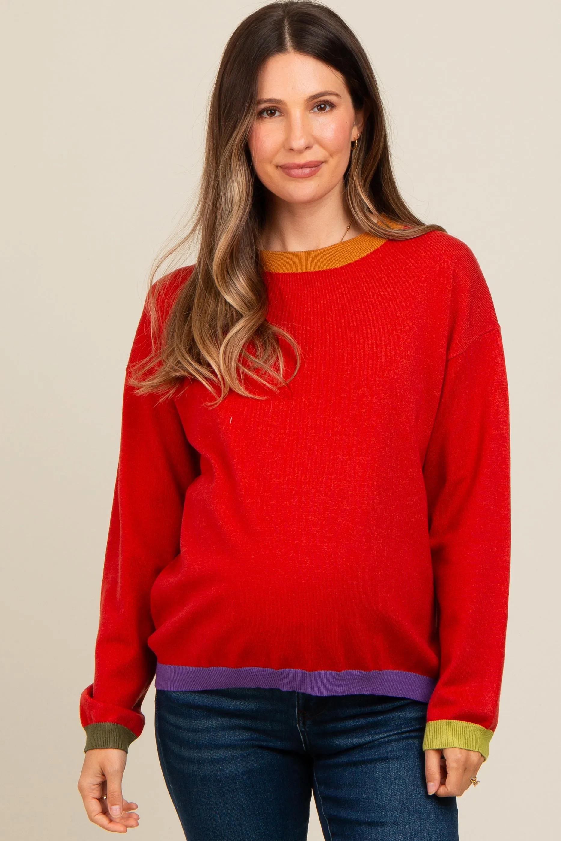 Rust Colorblock Trim Maternity Sweater sold by Pinkblush