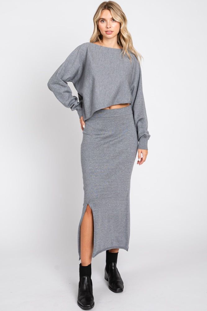 Grey Knit Long Sleeve Crop Top Midi Skirt Set sold by Pinkblush