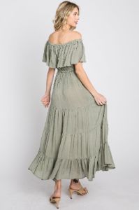 Light Olive Off Shoulder Tired Maxi Dress sold by Pinkblush