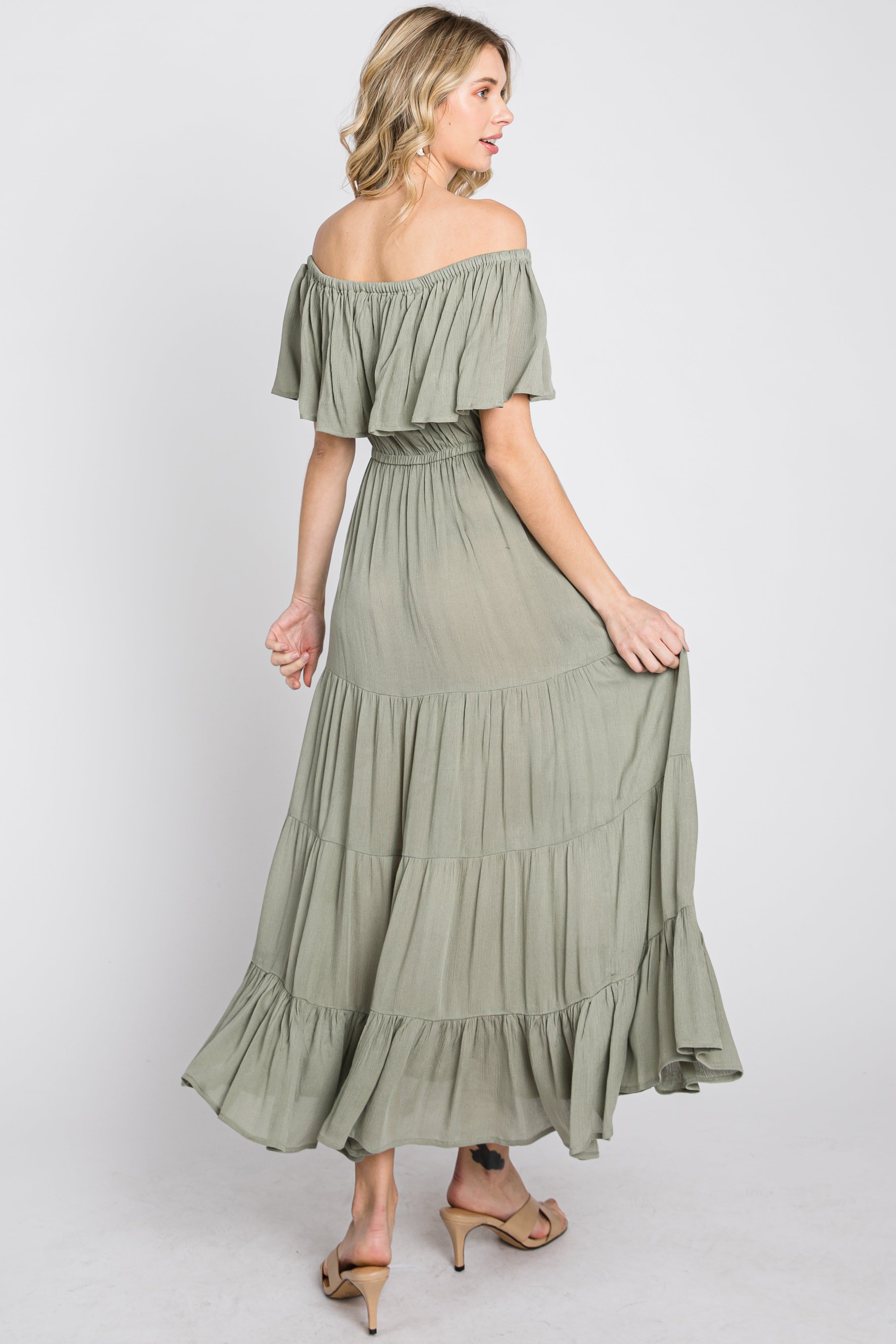 Light Olive Off Shoulder Tired Maxi Dress sold by Pinkblush product image thumbnail 8
