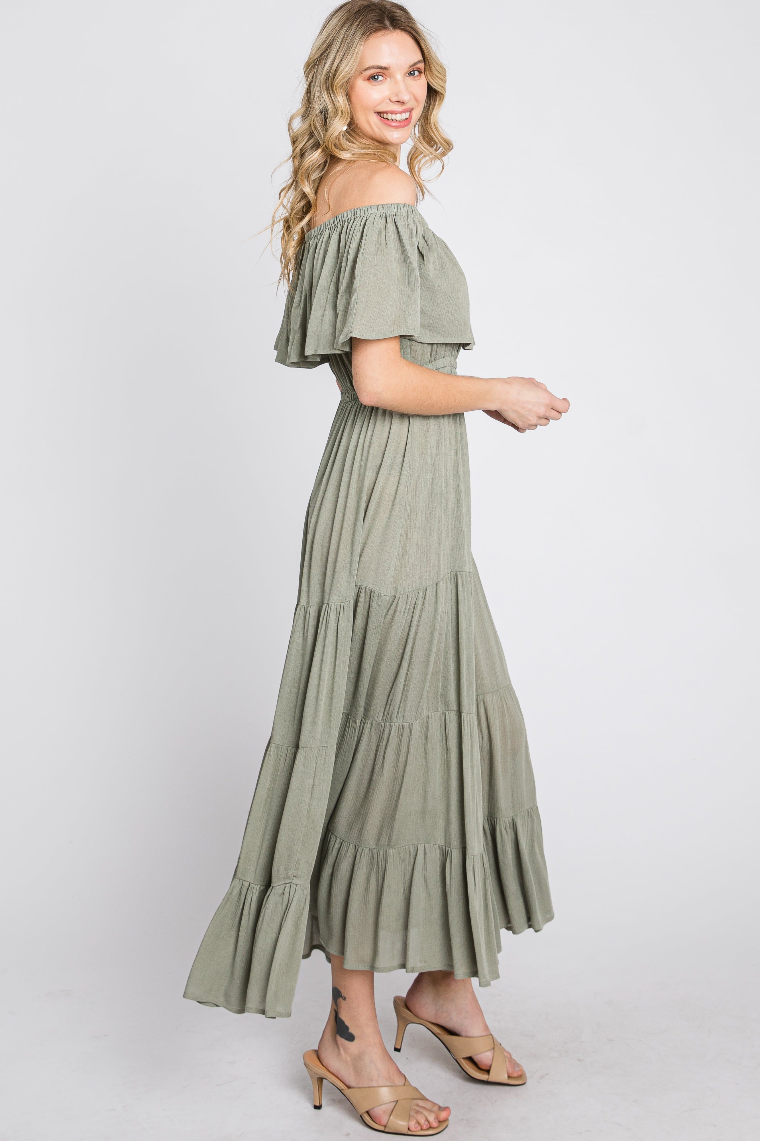 Light Olive Off Shoulder Tired Maxi Dress sold by Pinkblush product image thumbnail 5
