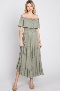 Light Olive Off Shoulder Tired Maxi Dress sold by Pinkblush