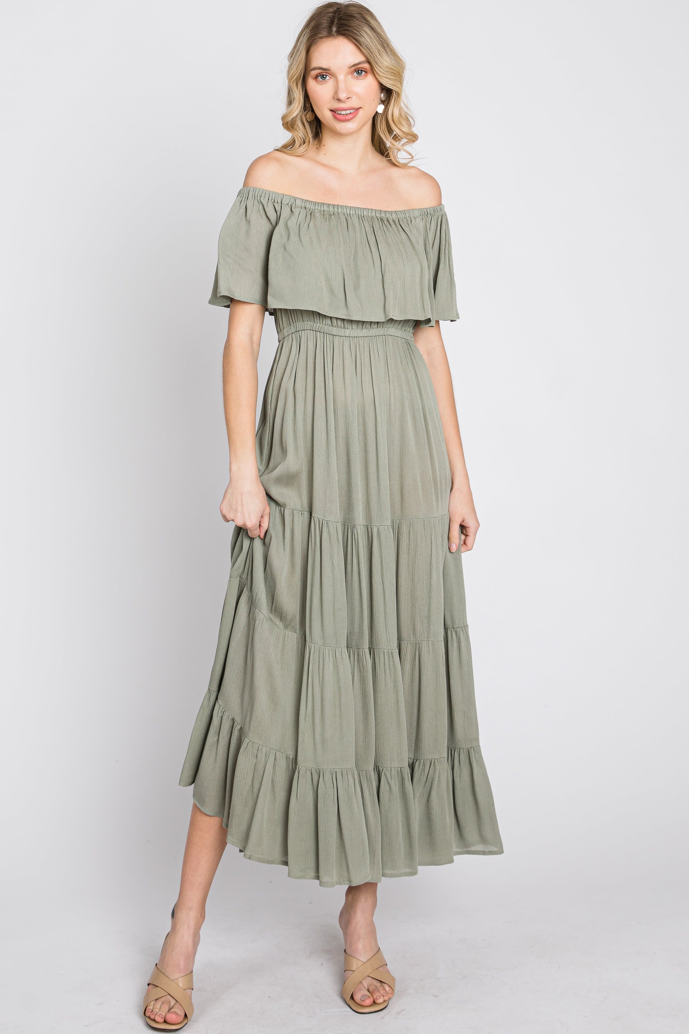 Light Olive Off Shoulder Tired Maxi Dress sold by Pinkblush product image thumbnail 2