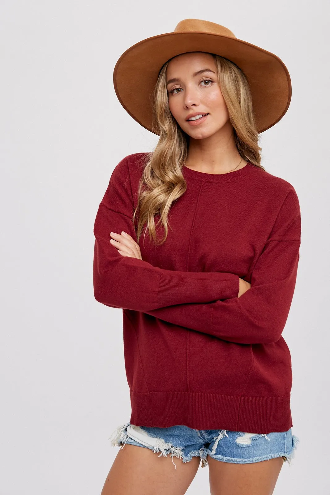 Burgundy Rib Knit Exposed Seam Sweater sold by Pinkblush product image thumbnail 2