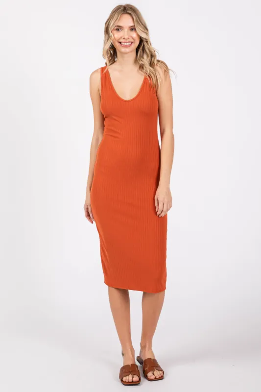 Orange Ribbed Knit Fitted Dress sold by Pinkblush