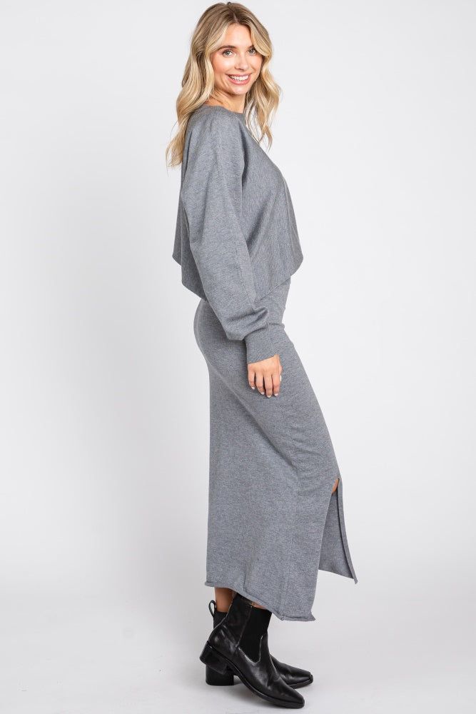 Grey Knit Long Sleeve Crop Top Midi Skirt Set sold by Pinkblush product image thumbnail 2