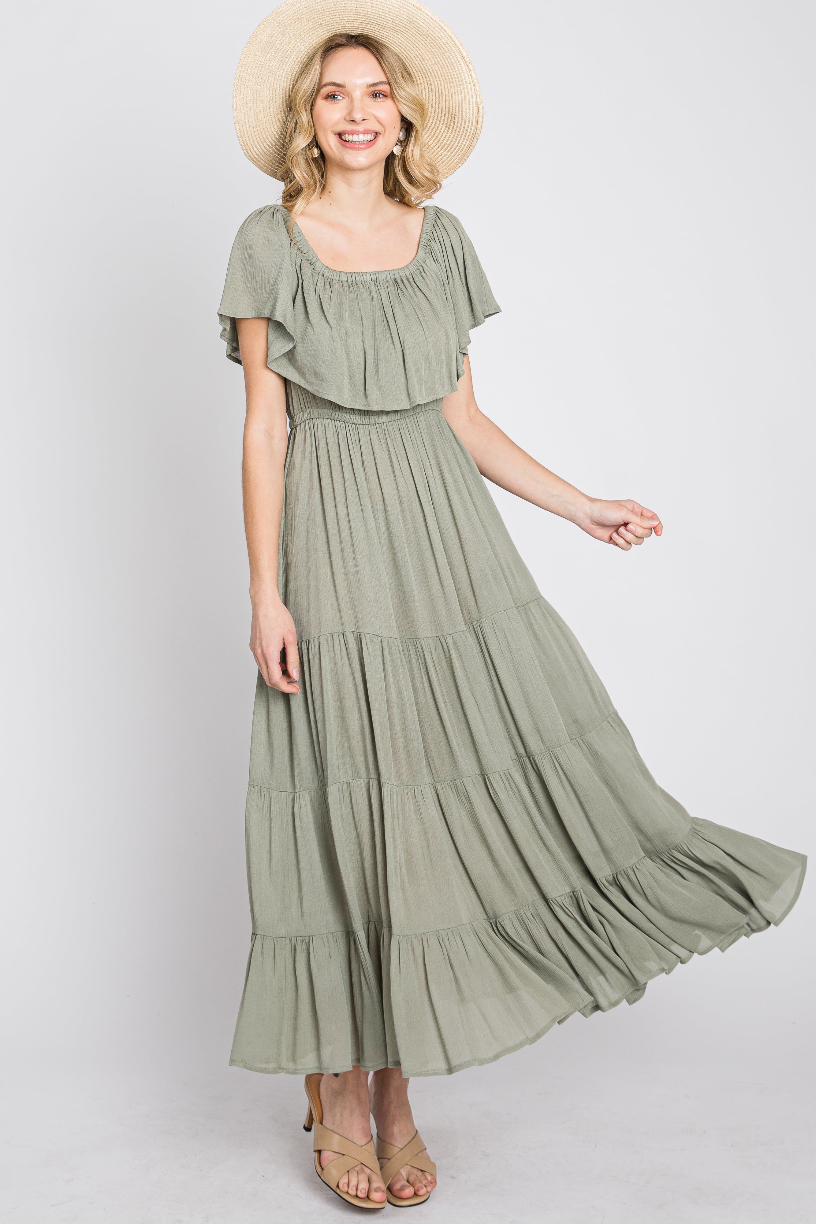 Light Olive Off Shoulder Tired Maxi Dress sold by Pinkblush product image thumbnail 9