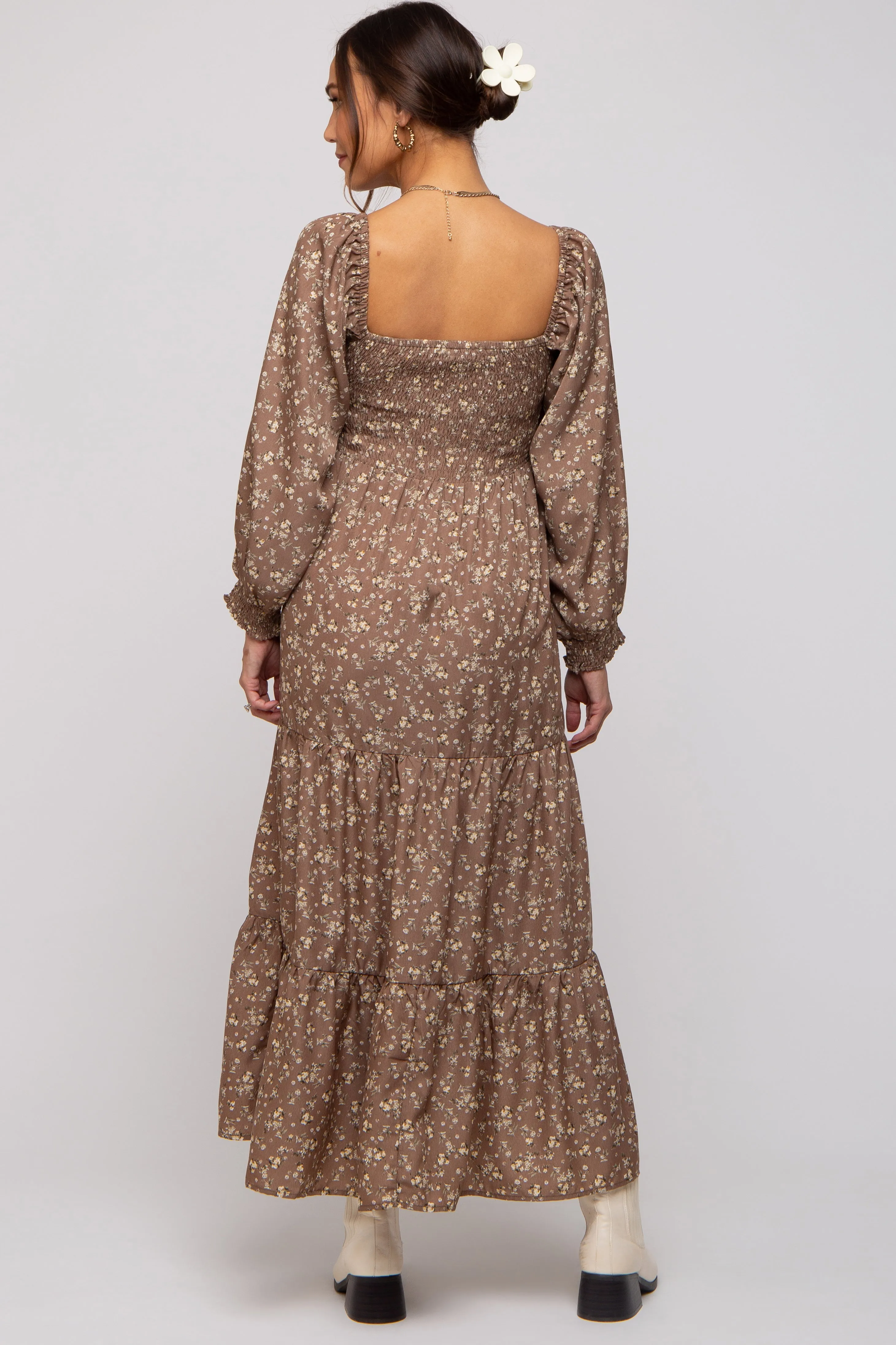 Mocha Floral Smocked Long Sleeve Maternity Maxi Dress sold by Pinkblush product image thumbnail 4