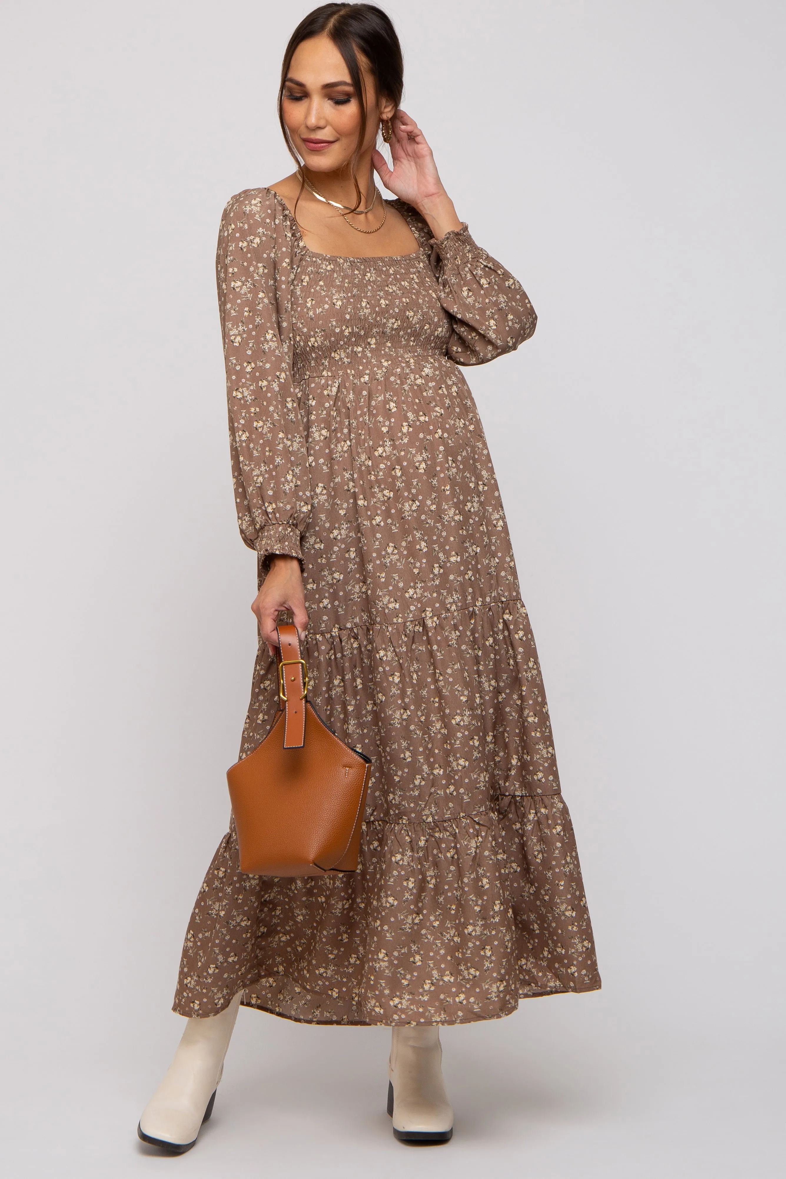 Mocha Floral Smocked Long Sleeve Maternity Maxi Dress sold by Pinkblush