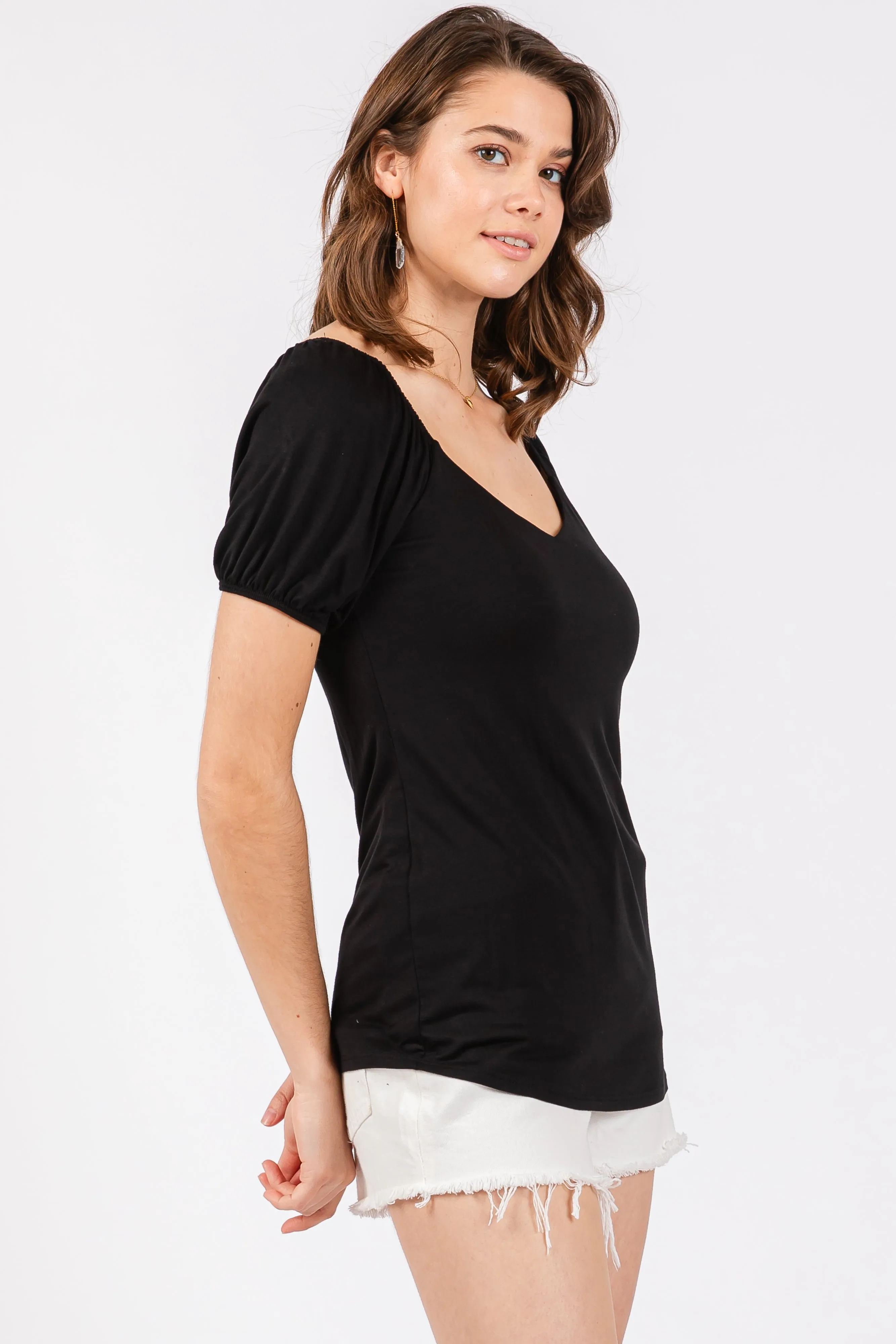 Black Short Puff Sleeve V-Neck Top sold by Pinkblush product image thumbnail 2
