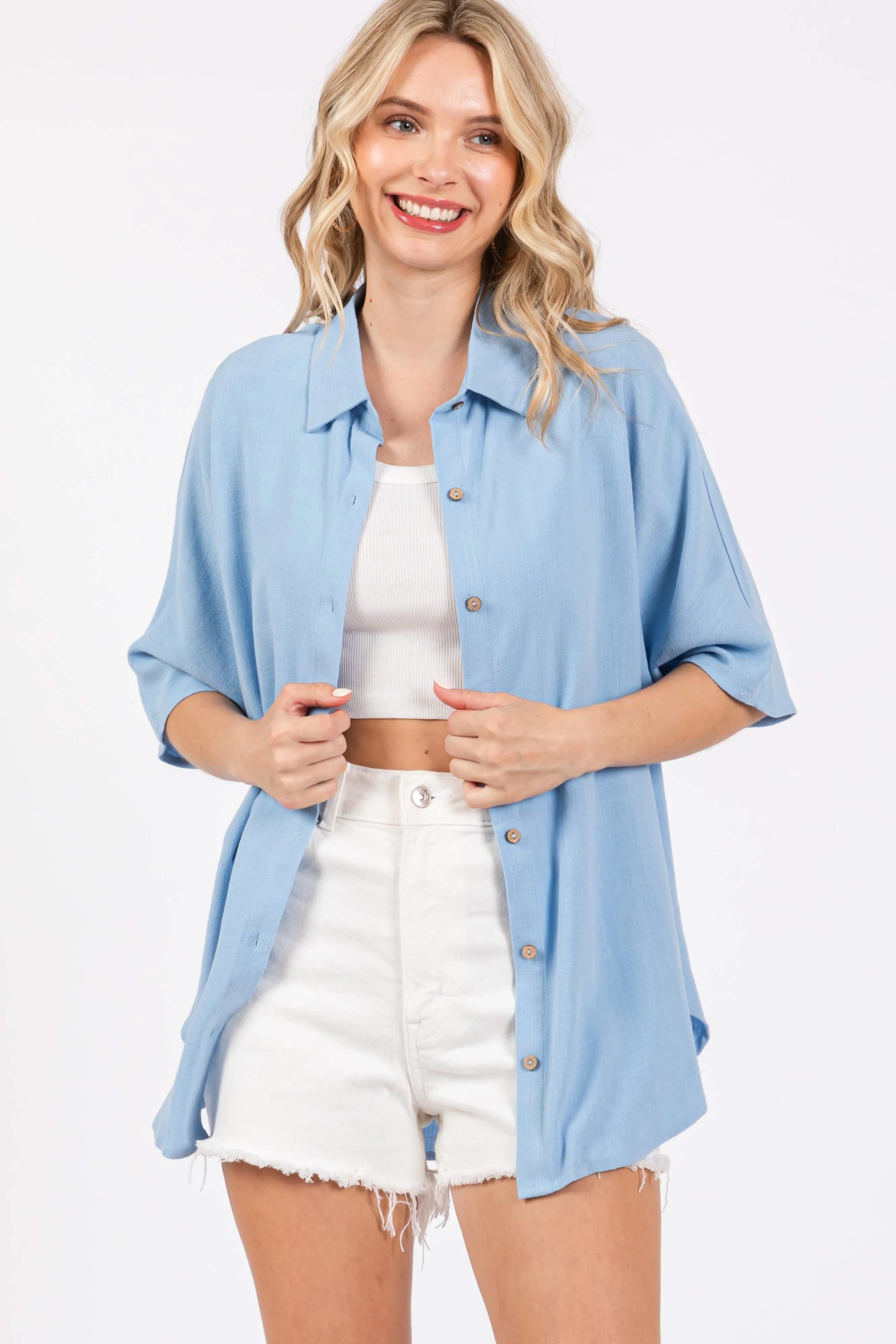 Light Blue Linen Dolman Half Sleeve Button Down Top sold by Pinkblush product image thumbnail 5
