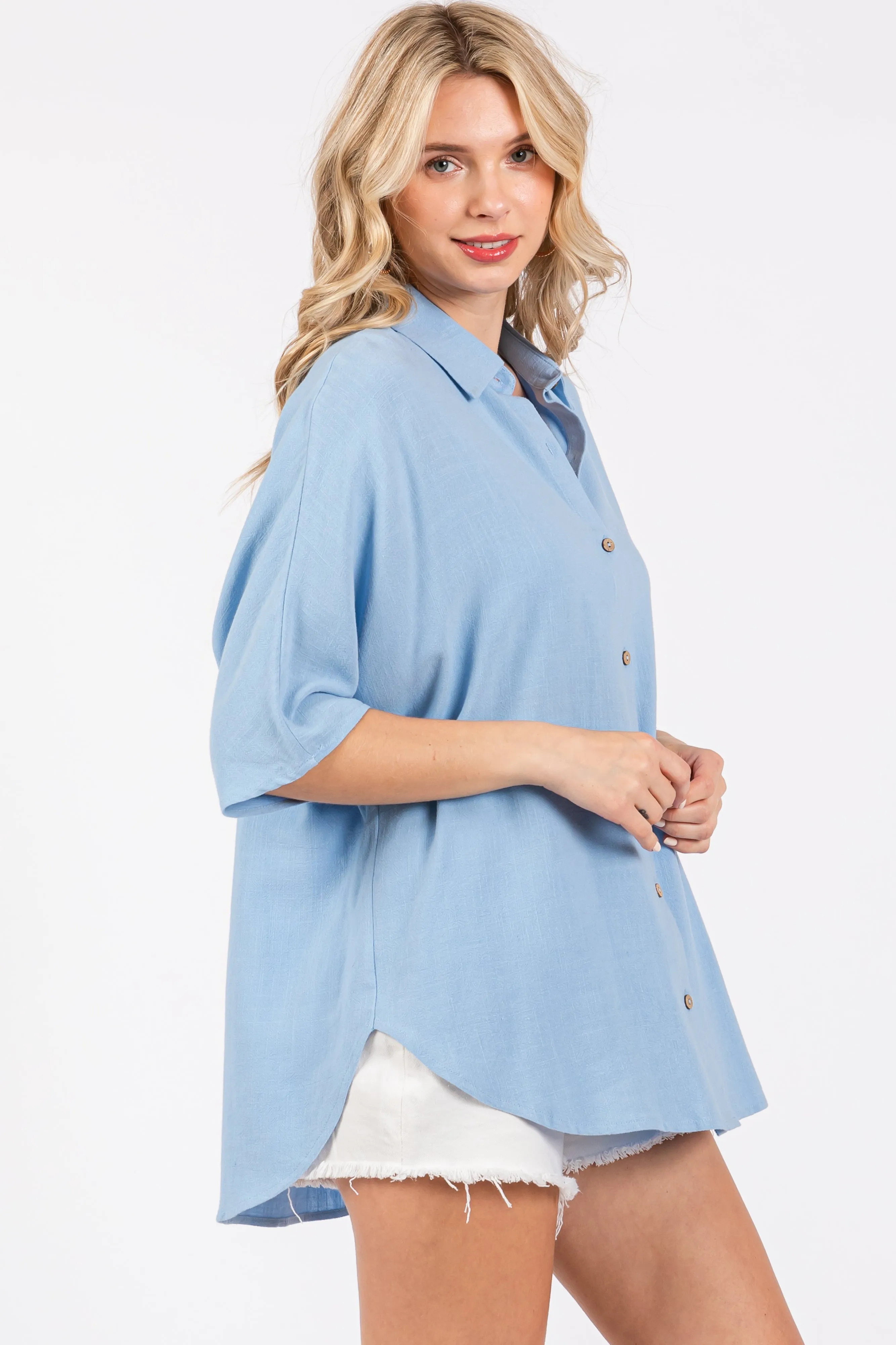 Light Blue Linen Dolman Half Sleeve Button Down Top sold by Pinkblush product image thumbnail 2