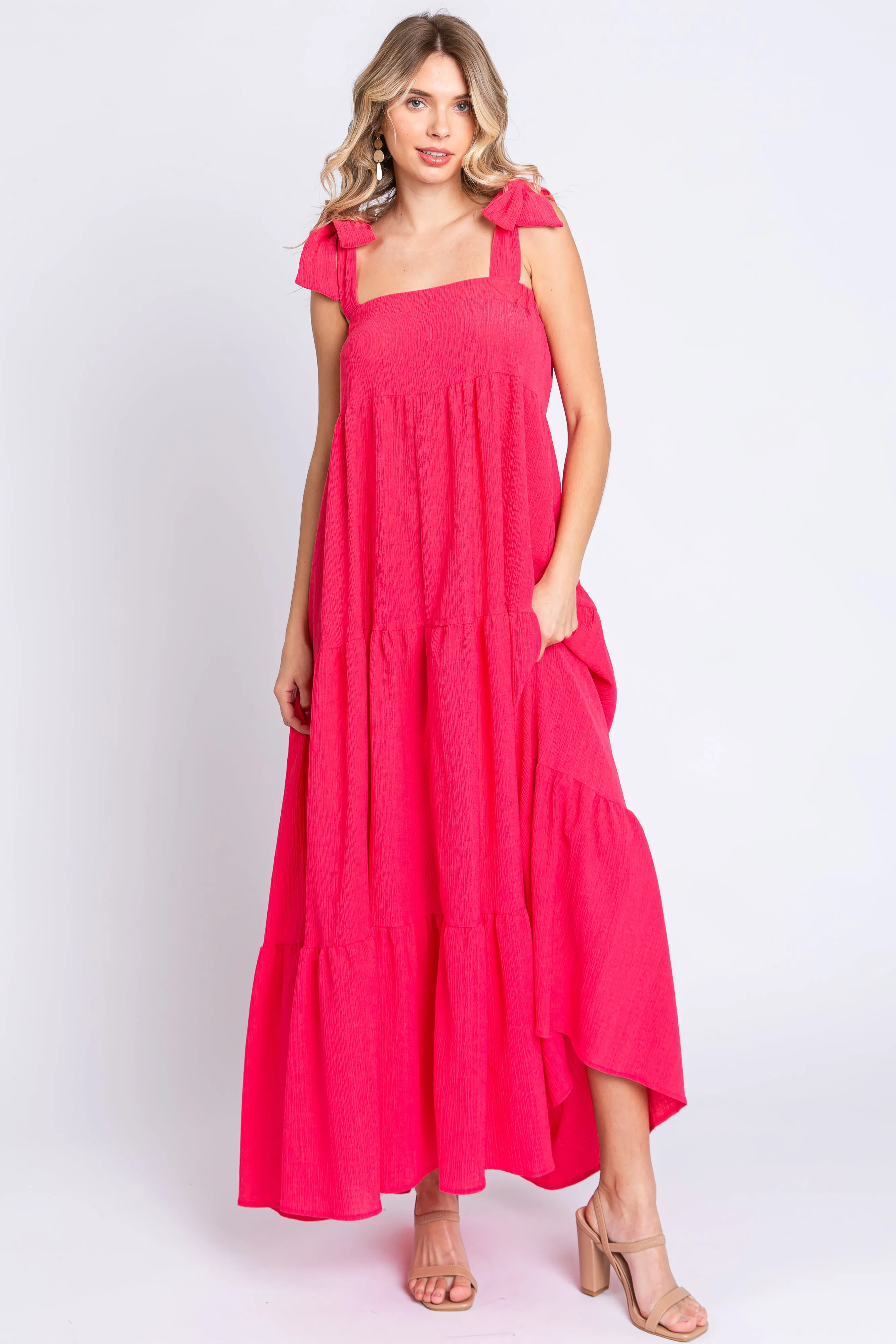 Magenta Sleeveless Tiered Maxi Dress sold by Pinkblush