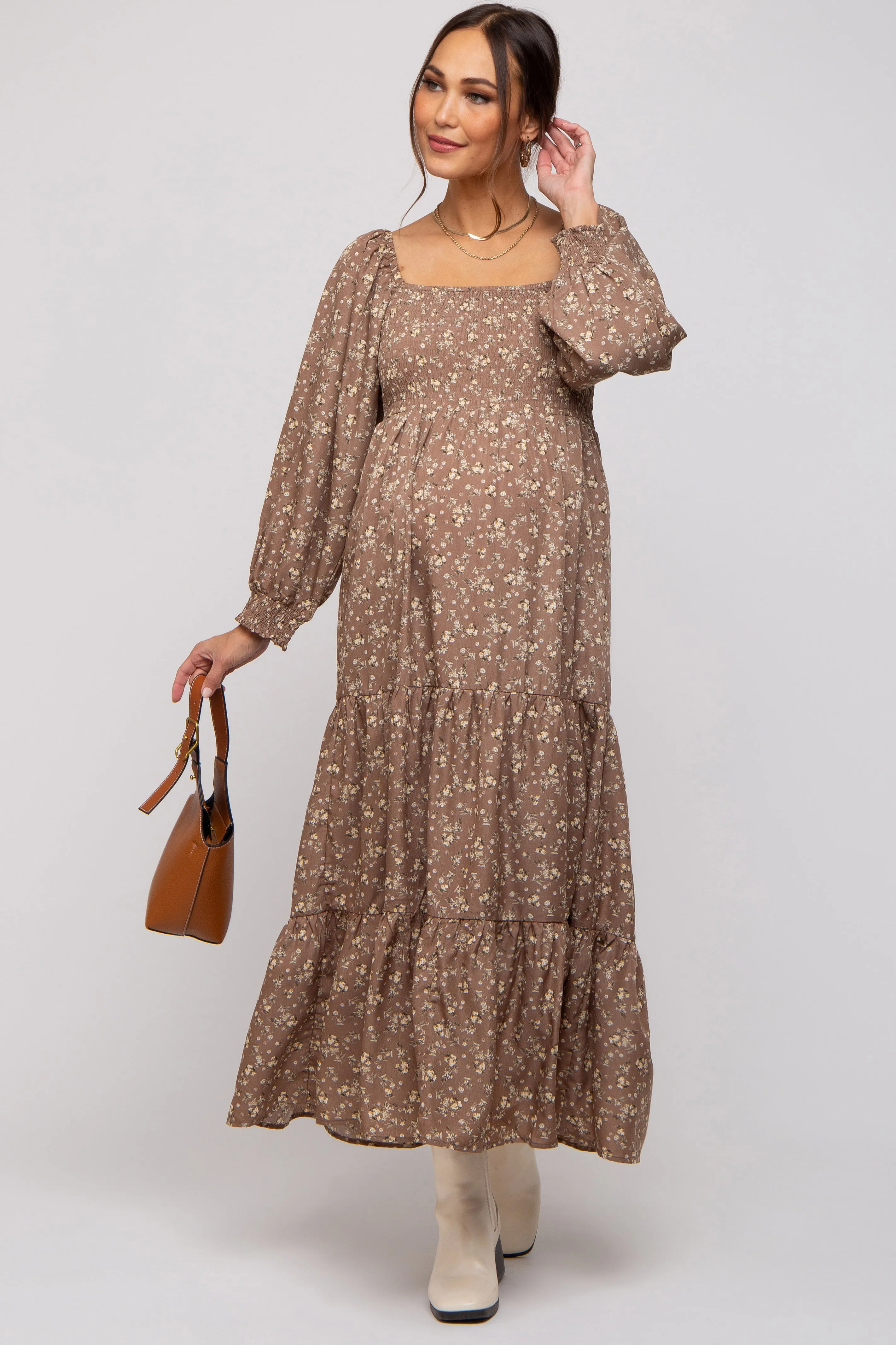 Mocha Floral Smocked Long Sleeve Maternity Maxi Dress sold by Pinkblush product image thumbnail 2