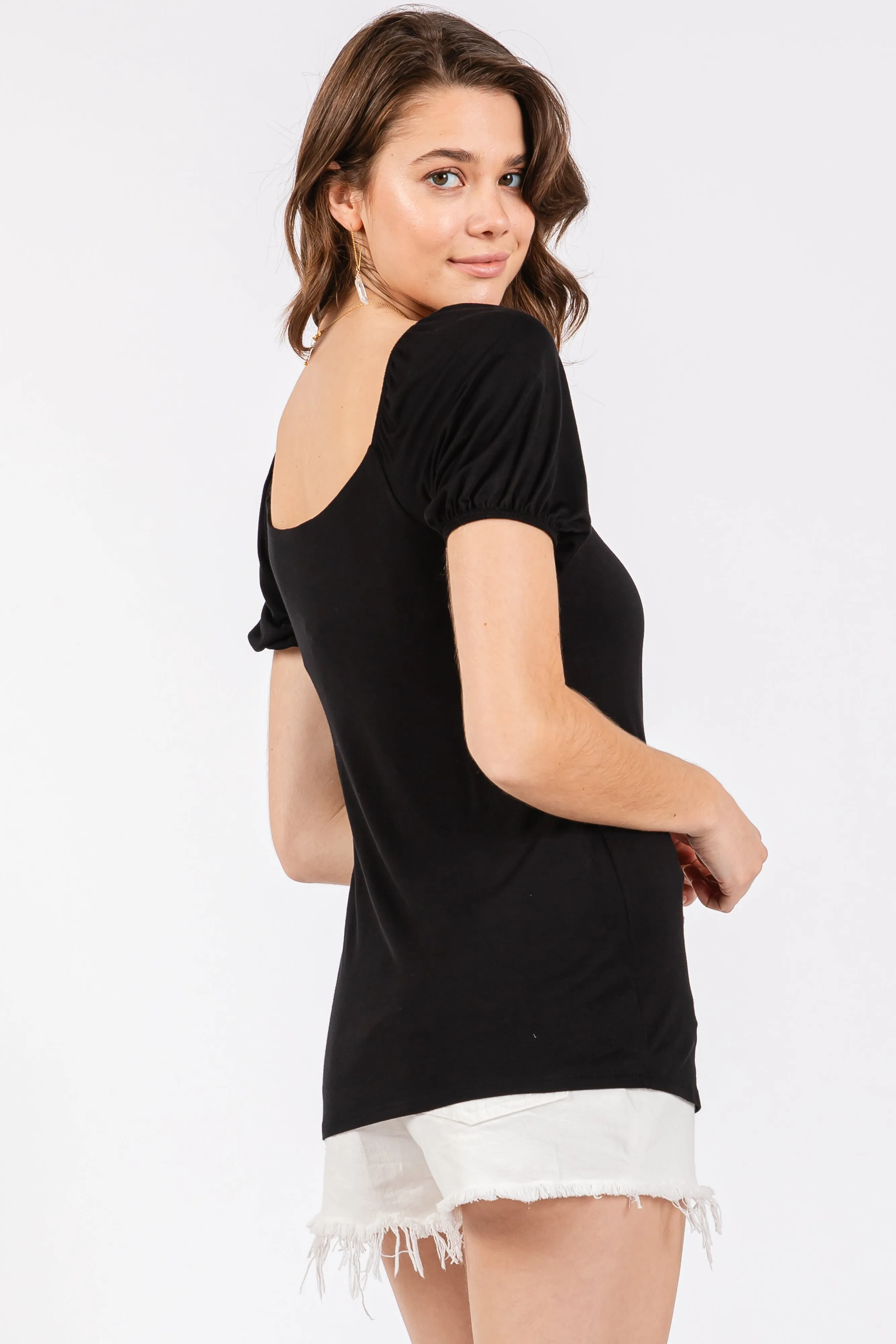 Black Short Puff Sleeve V-Neck Top sold by Pinkblush product image thumbnail 3