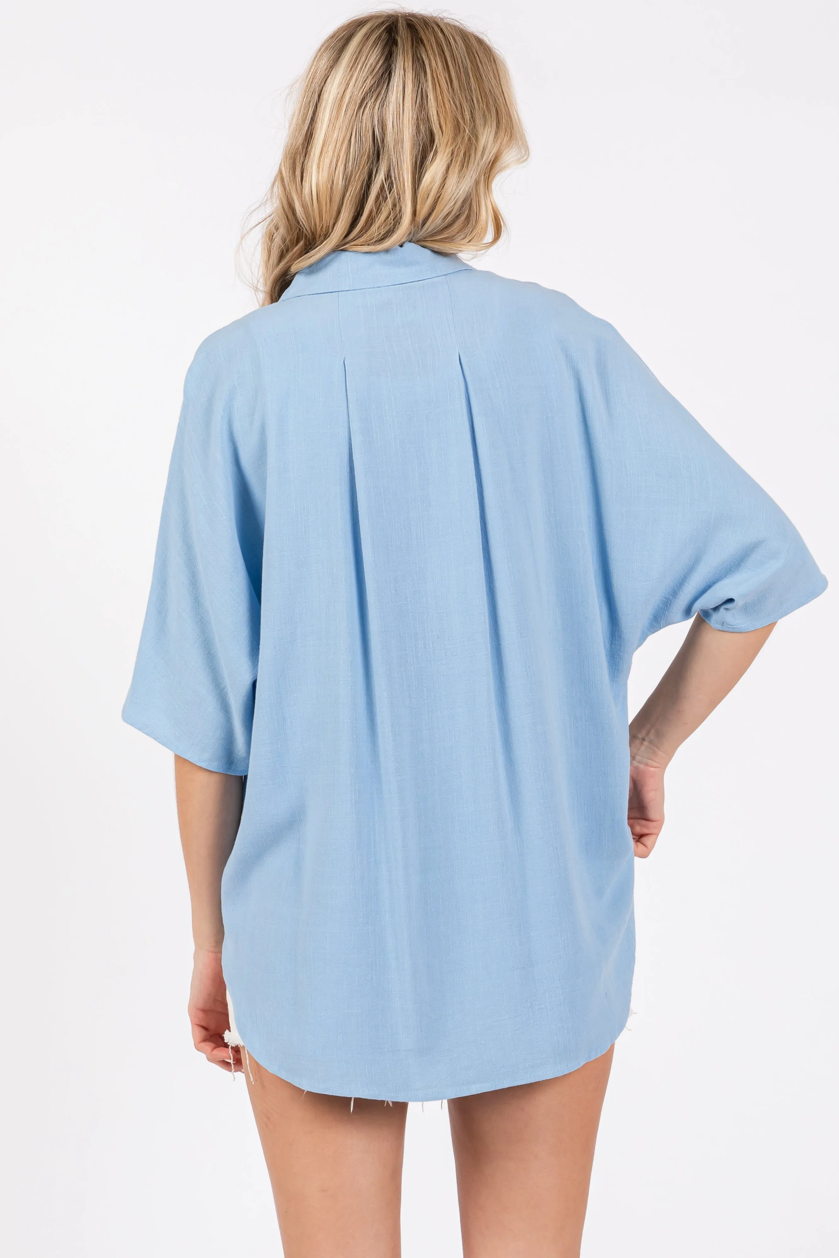 Light Blue Linen Dolman Half Sleeve Button Down Top sold by Pinkblush product image thumbnail 3
