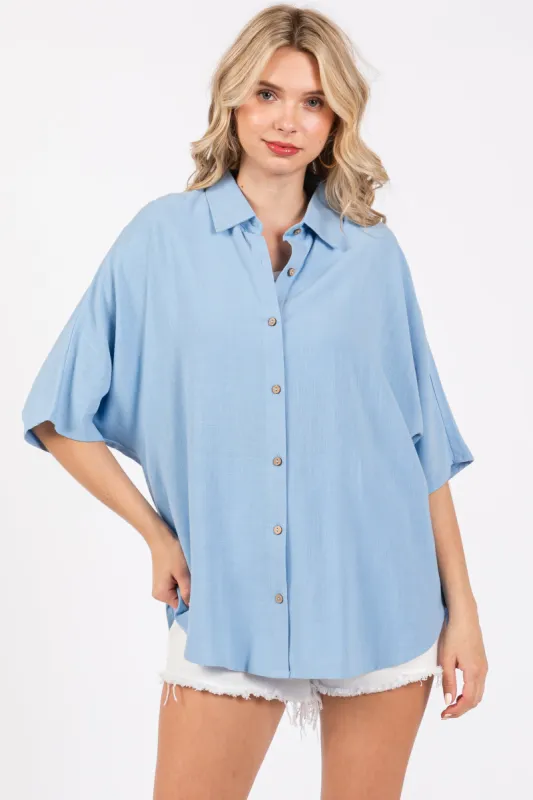 Light Blue Linen Dolman Half Sleeve Button Down Top sold by Pinkblush