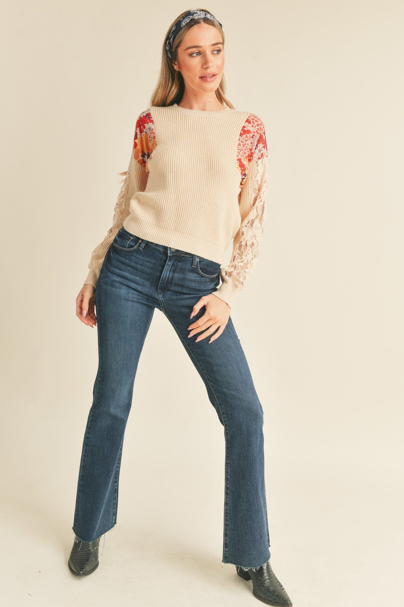 Ivory Multi Floral Mixed Media Knit Top sold by Pinkblush product image thumbnail 2