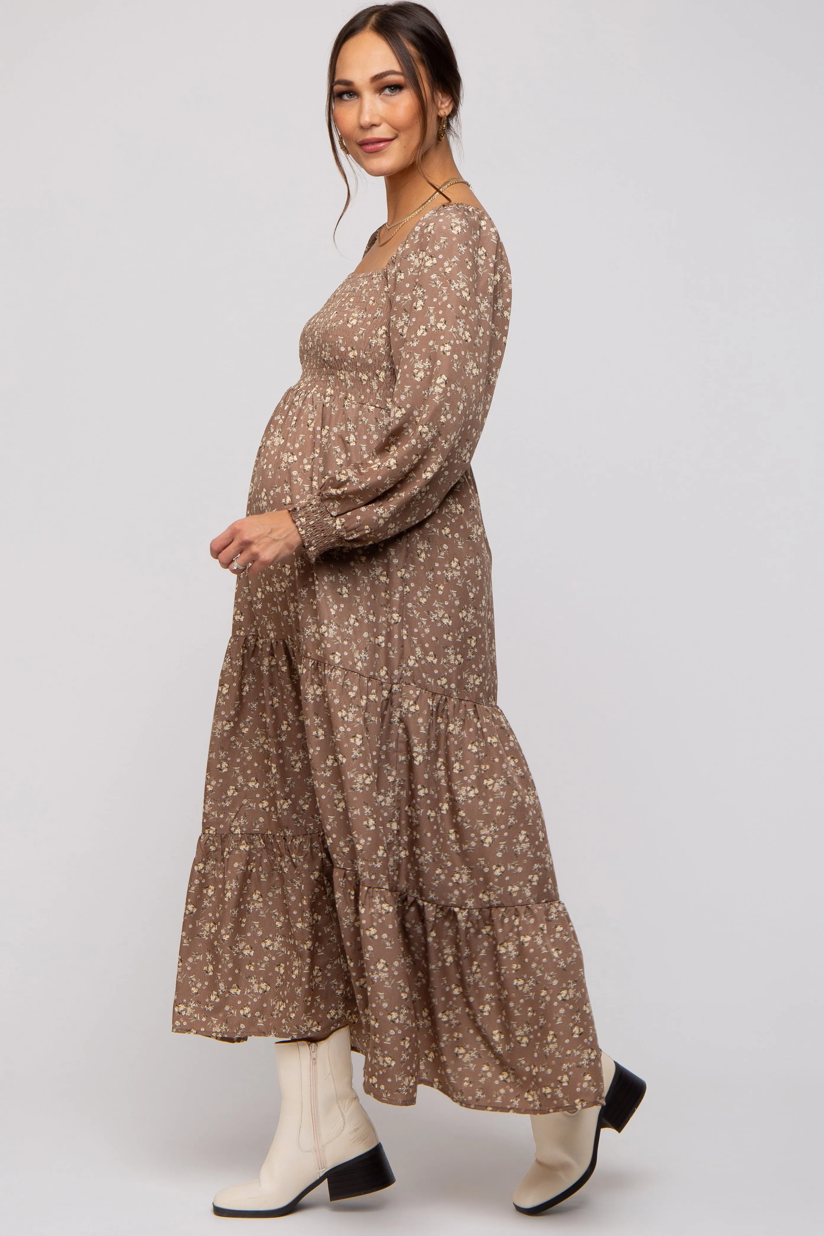 Mocha Floral Smocked Long Sleeve Maternity Maxi Dress sold by Pinkblush product image thumbnail 3